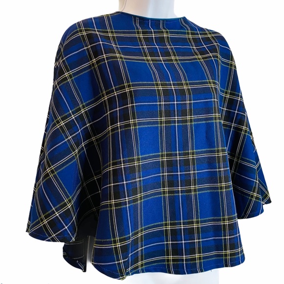 Vintage Beautiful Handmade Blue Tartan Cape Shawl - Picture 1 of 10